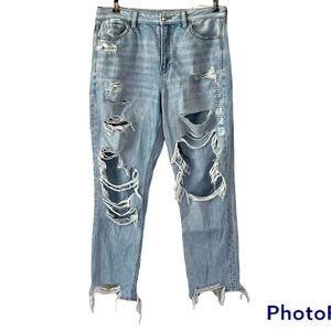 American Eagle High-Rise Mom Jeans Destroyed Comfort Stretch Waistband Size 10